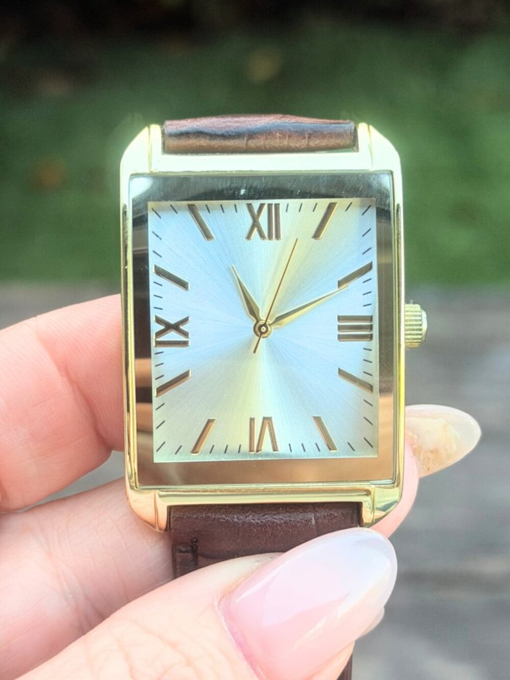 FMD Rectangle Gold  Analog Japan Movement Dress Watch Brown Strap Roman Numerals